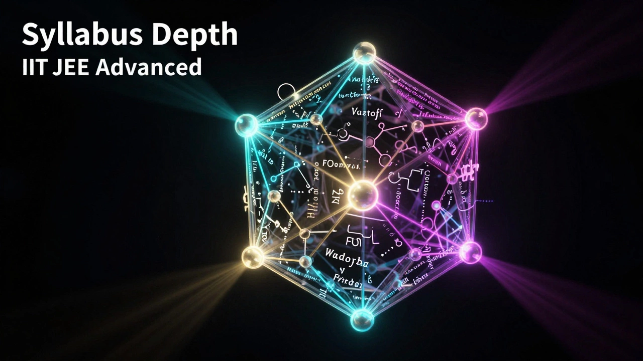 Abstract 3D visualization of complex physics, chemistry, and math concepts interconnected for JEE Advanced.