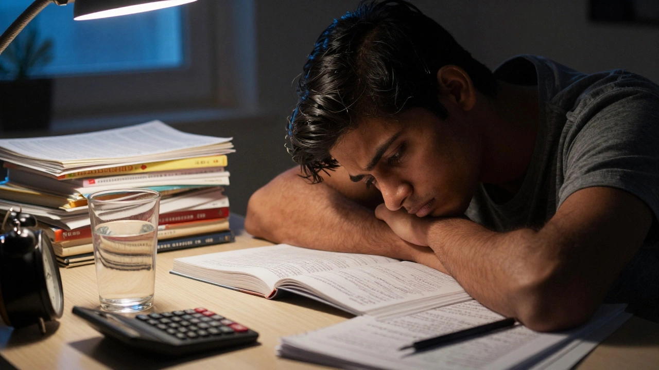 Close-up of an Indian student studying late at night with books and notes, illuminated by warm lamp light.