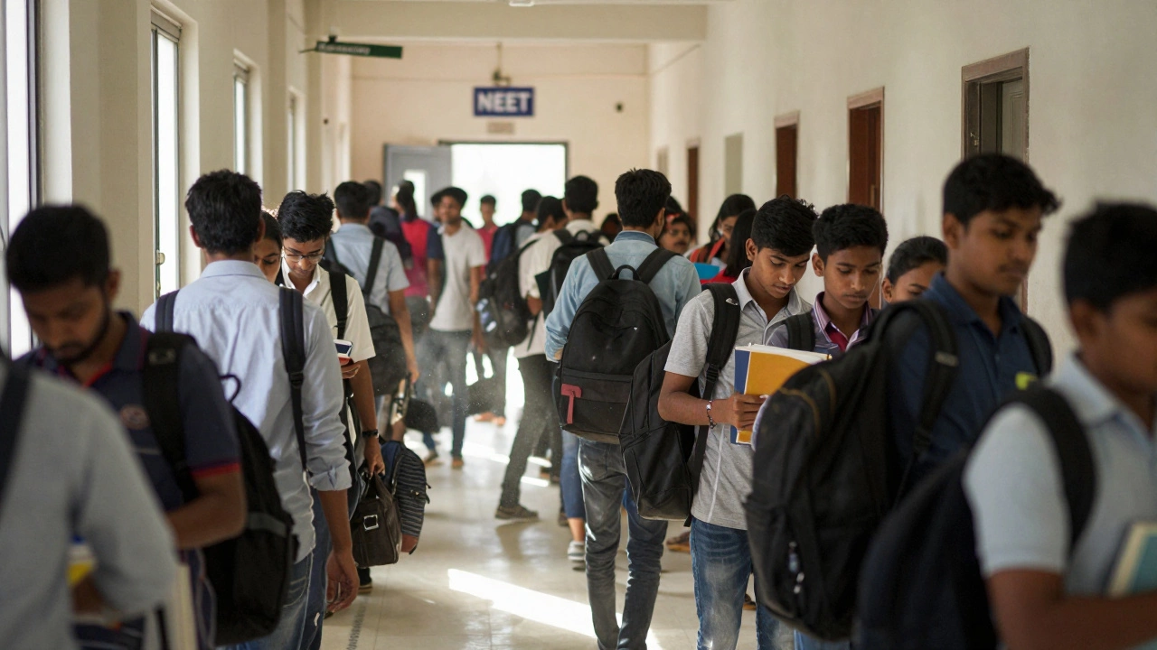 Crowded hallway of students in a competitive medical coaching center.
