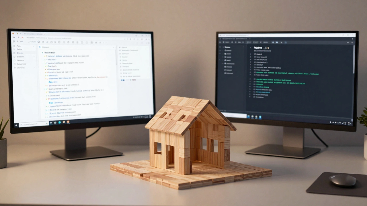 Developer desk with dual monitors showing full-stack JavaScript code
