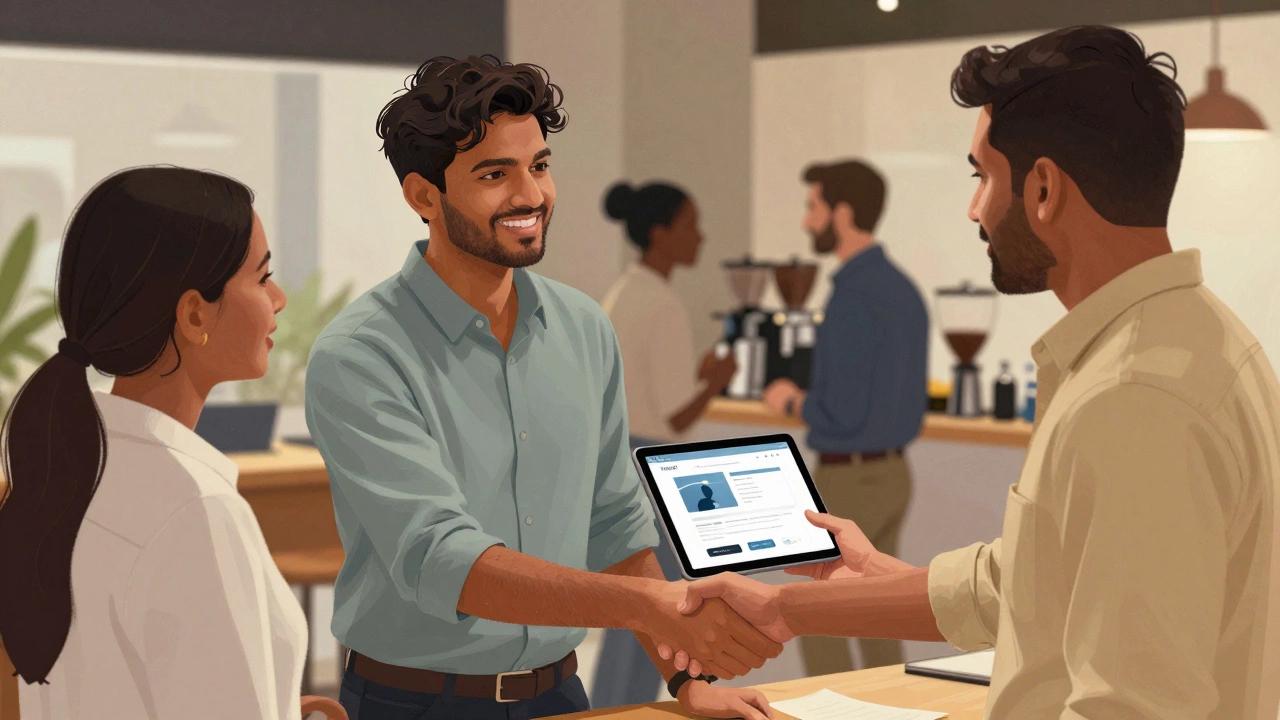 Freelance developer networking with a business owner at a professional meetup.