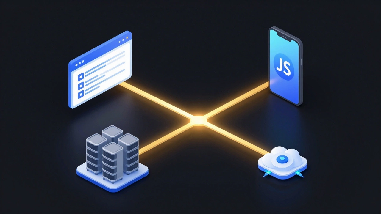 Golden threads connecting browser, mobile, cloud, and IoT devices in a unified system.