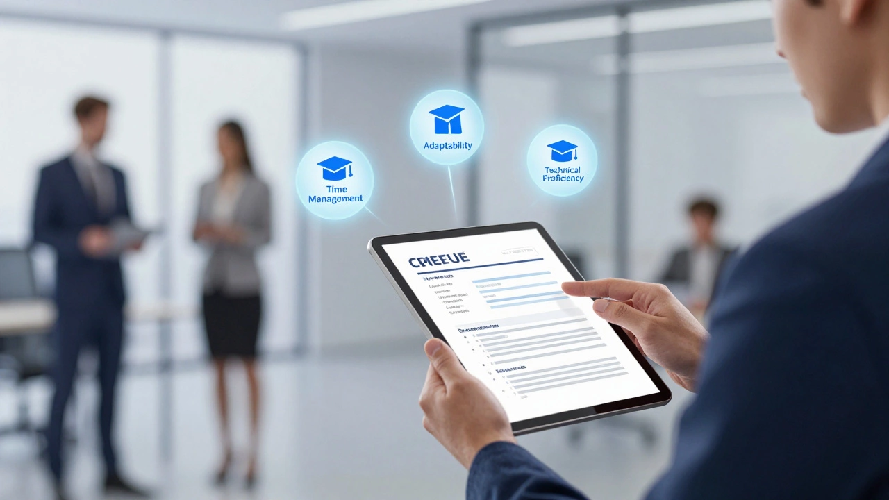 Hiring manager reviewing skills-based resume with floating competency icons.