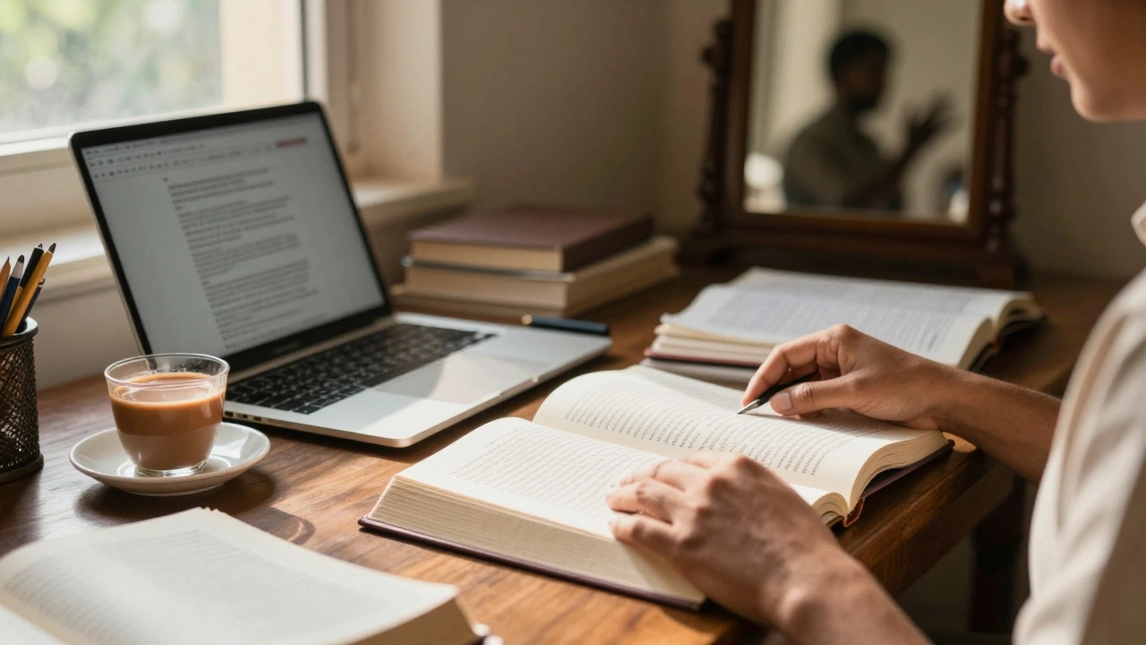 Indian student studying hard at a sunlit desk