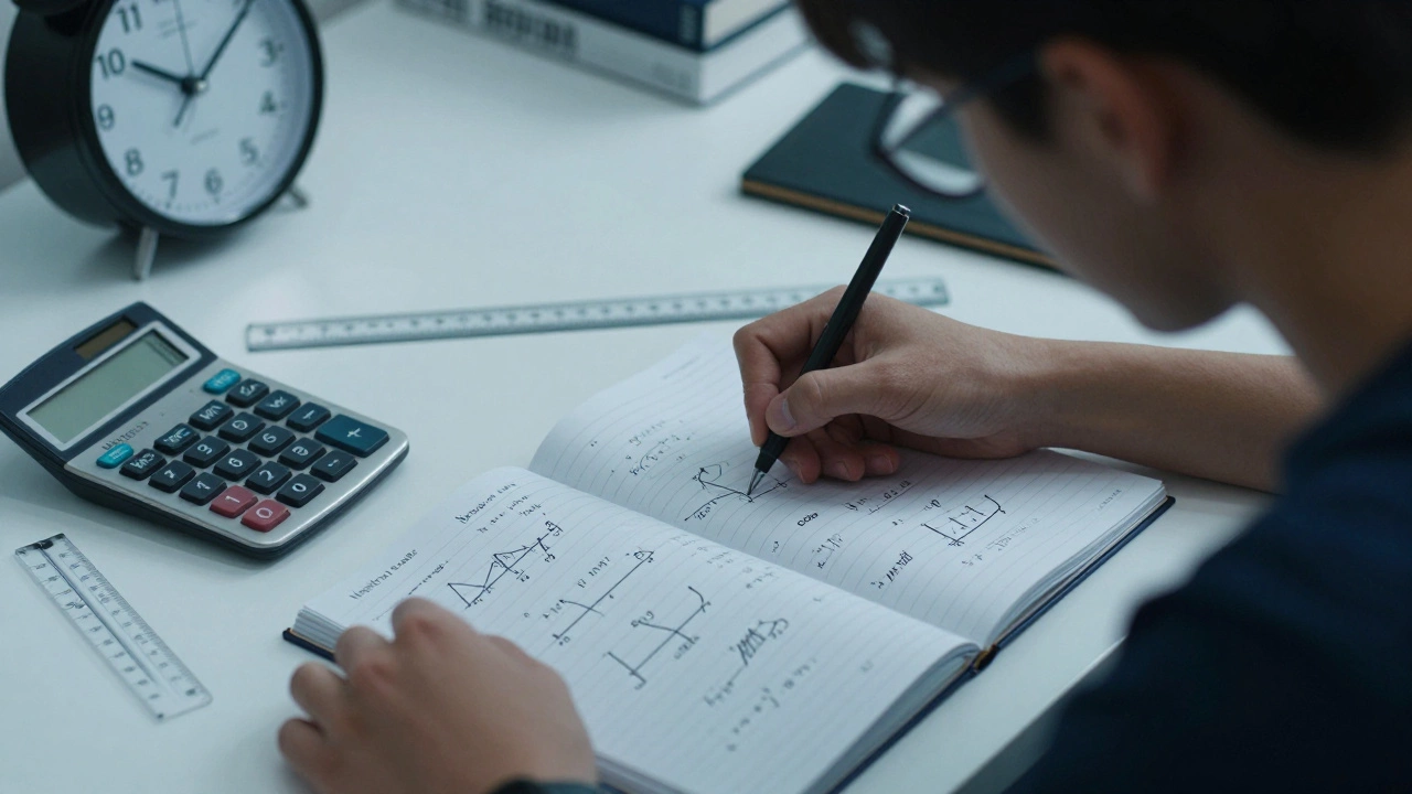 Student solving complex Physics equations and vector problems under time pressure