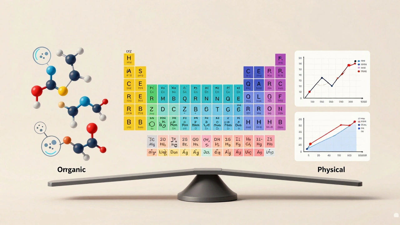 Visual metaphor of Chemistry balancing organic, inorganic, and physical concepts