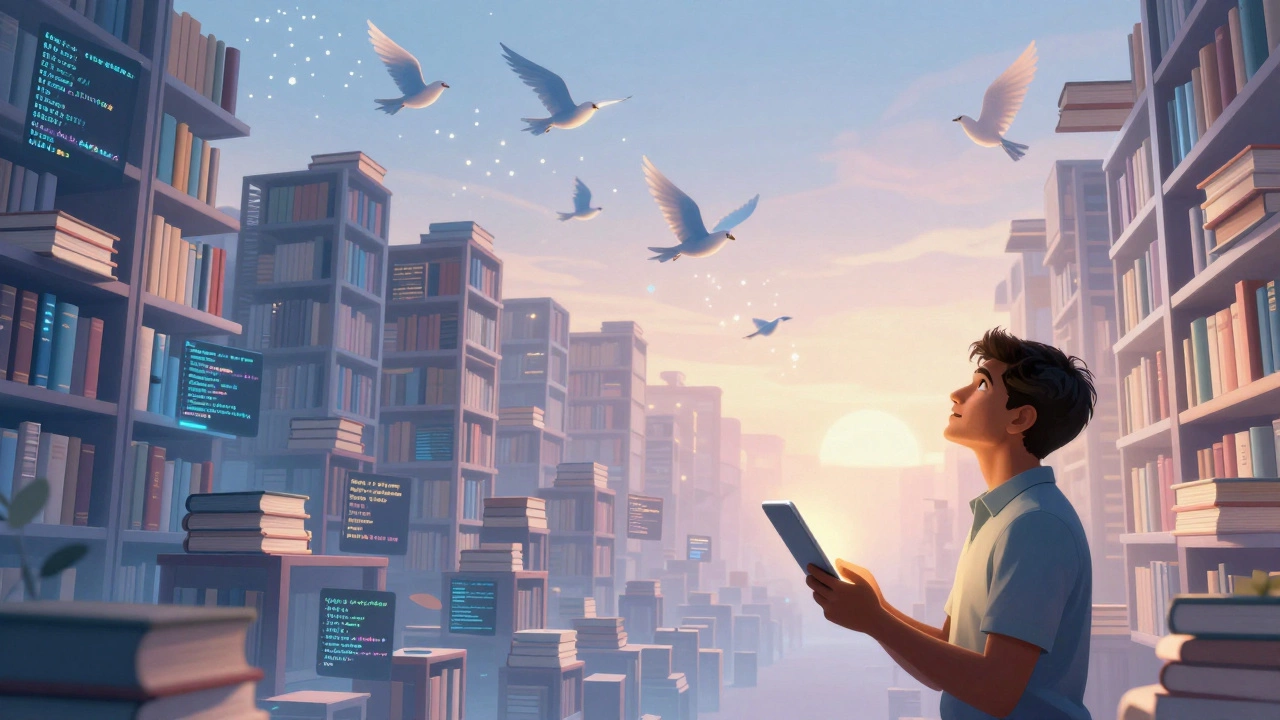 Young developer inspired by a library of light and code transforming into birds.