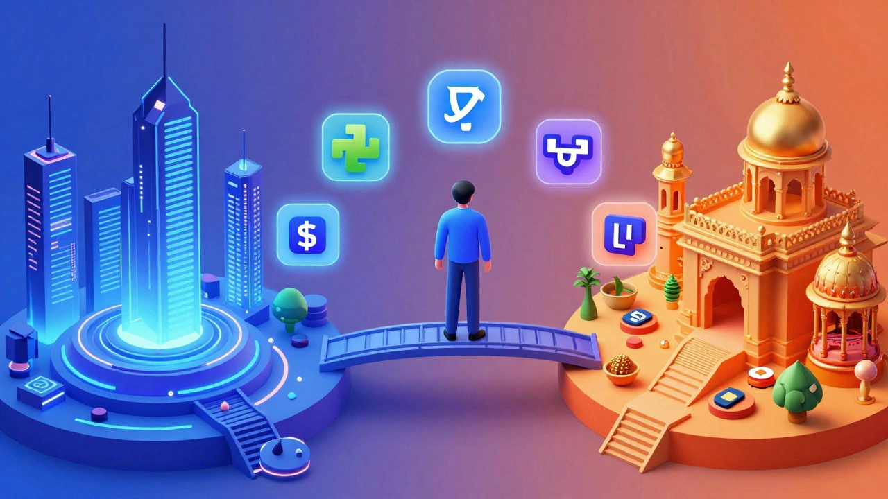 Abstract 3D art showing global salary gaps and coding tech stacks