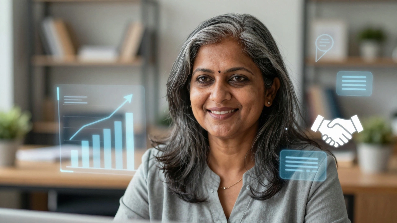 Confident Indian developer negotiating remotely with holographic data