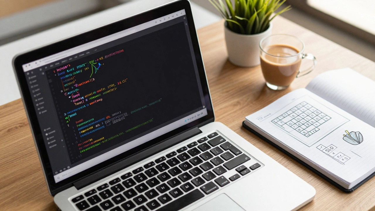 Developer workspace with laptop showing HTML, CSS, and JavaScript code