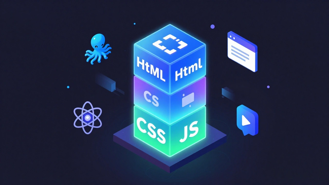 Isometric 3D graphic showing HTML, CSS, JS coding foundation