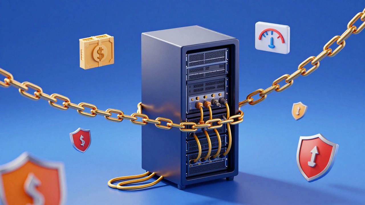 Server rack tangled with chains representing hidden hosting costs