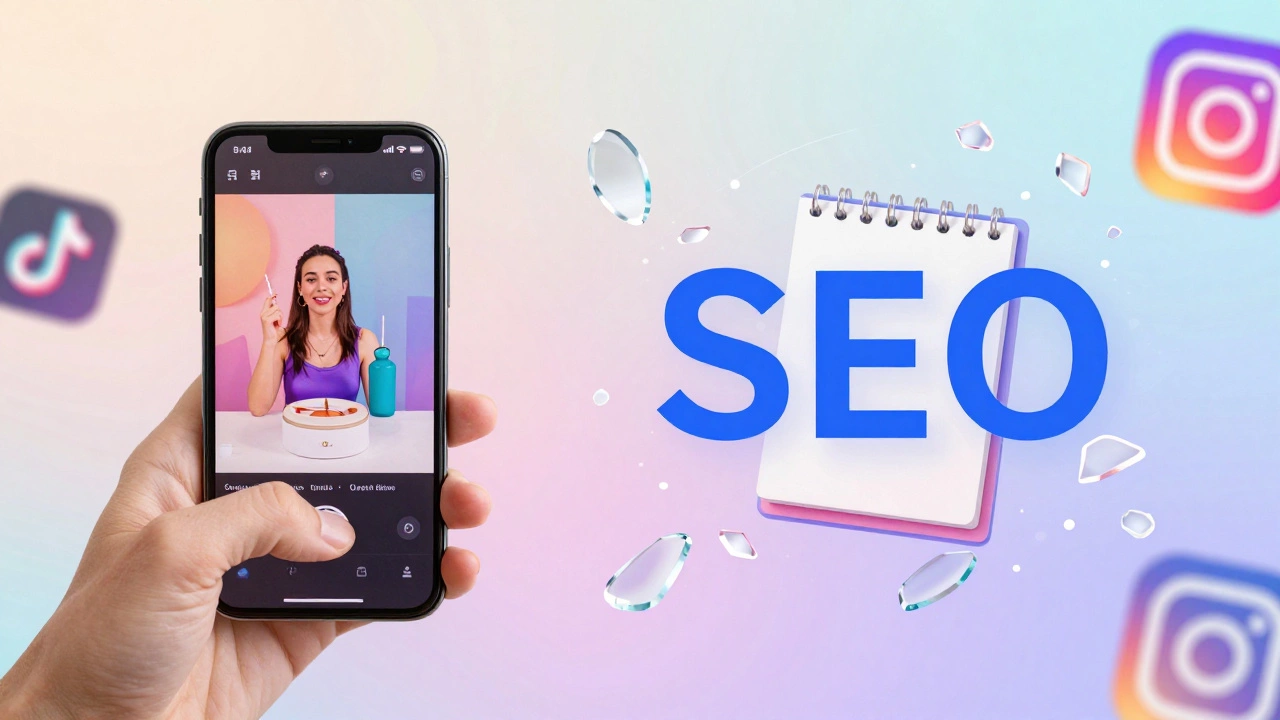 Smartphone recording a product video next to floating SEO keywords