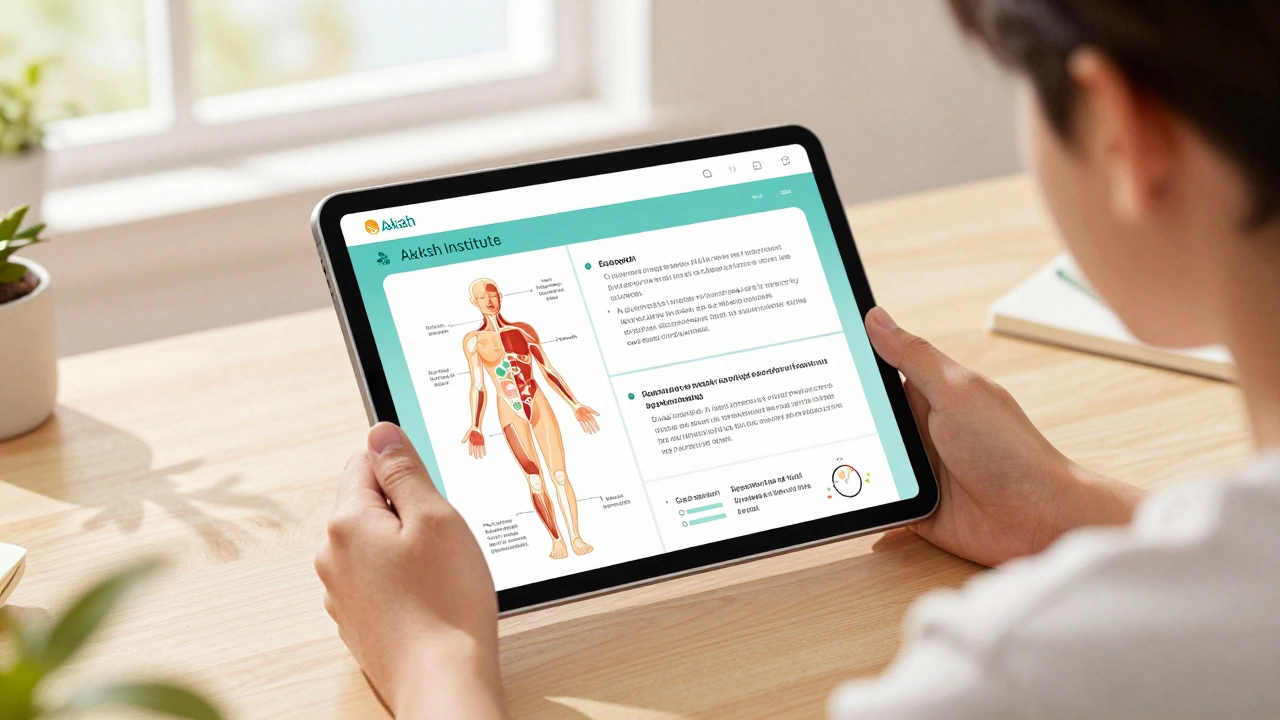 Student using tablet with clear Aakash diagrams in bright room