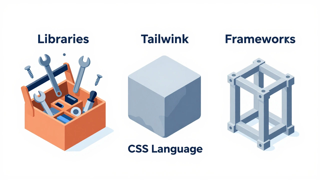 3D isometric chart comparing CSS language, libraries, and frameworks