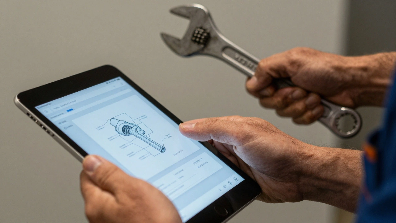 Close-up contrasting hands using a digital tablet versus heavy wrenches, highlighting skill differences.