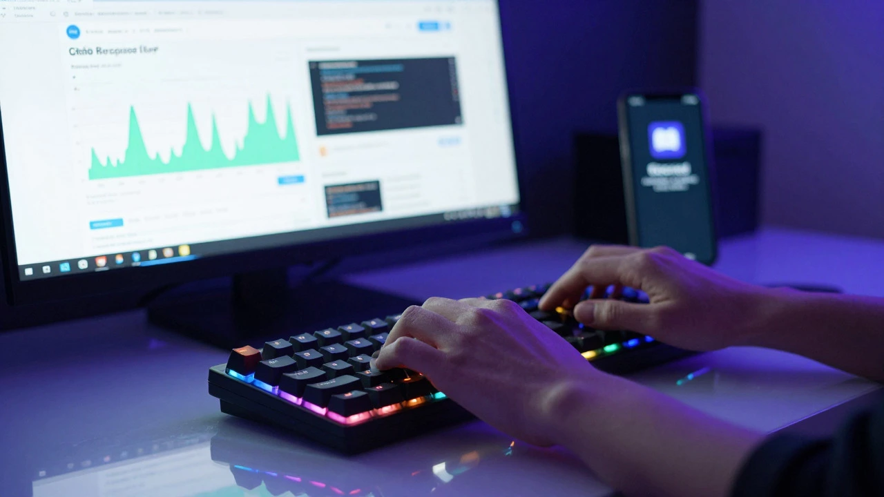 Close up of hands typing code with GitHub portfolio in background