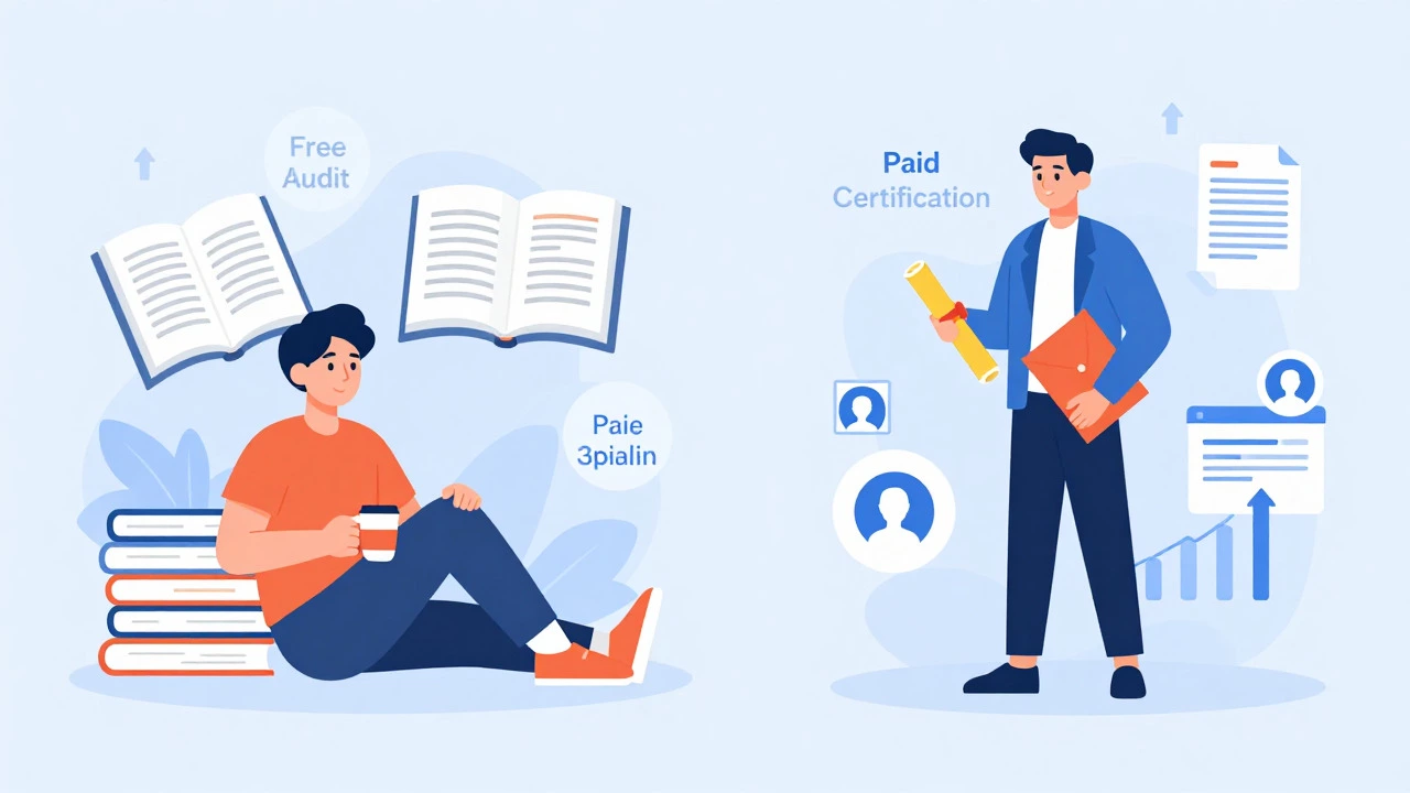 Illustration comparing free audit vs paid certification paths