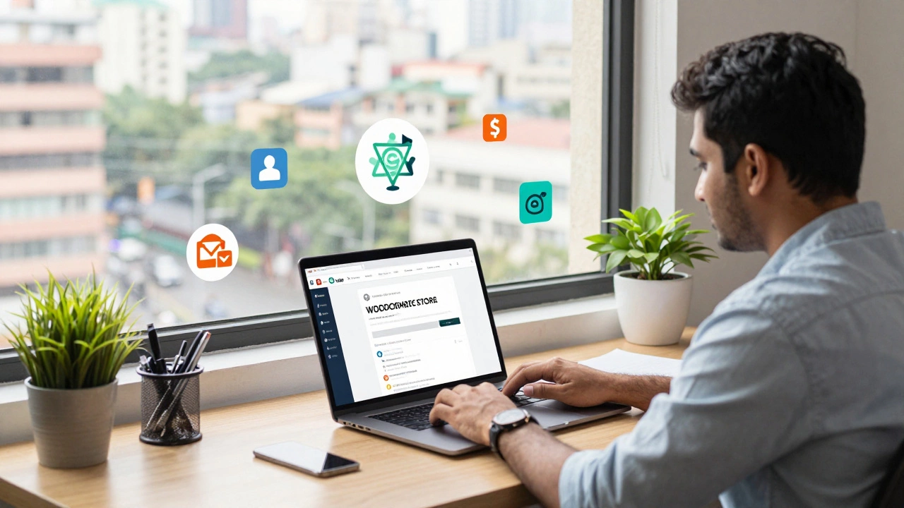 Indian freelance developer working on custom e-commerce site with global connectivity icons