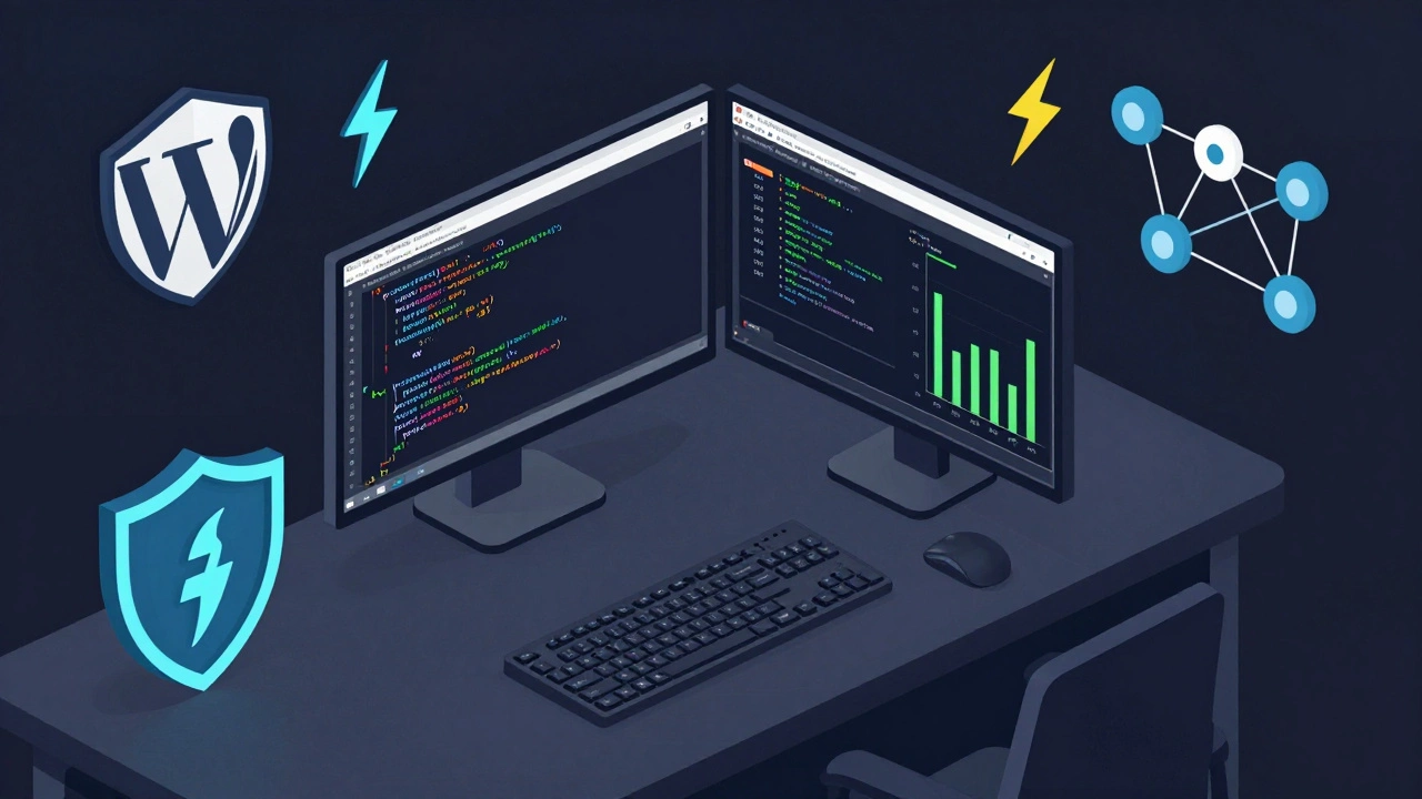 Isometric view of senior WordPress dev workspace showing PHP code, security shields, and performance data