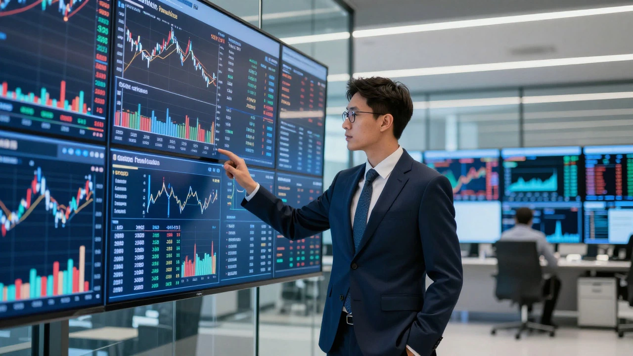Professional analyzing financial data on digital screens