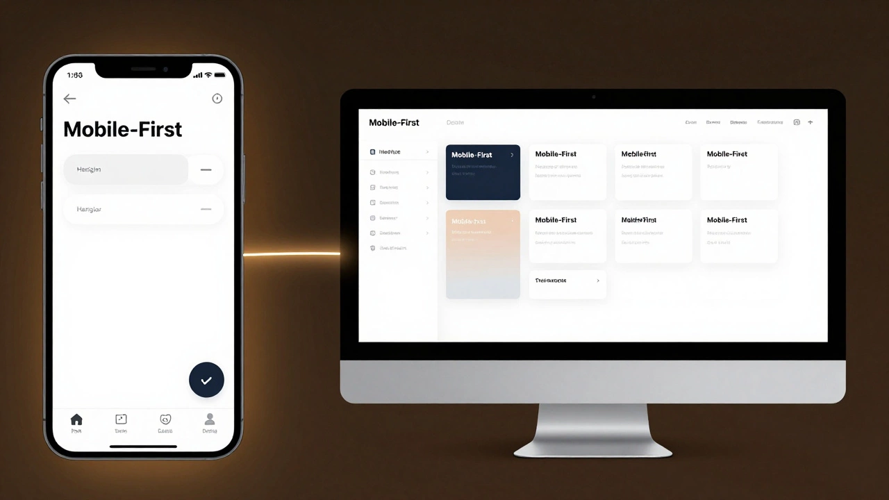 Split view showing mobile-first layout expanding to desktop