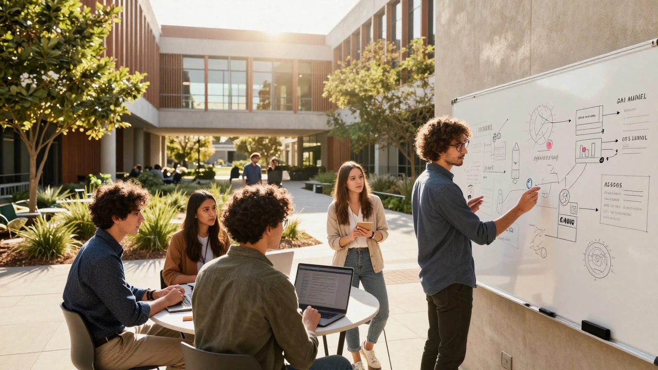 Students collaborating on startup ideas in sunny campus