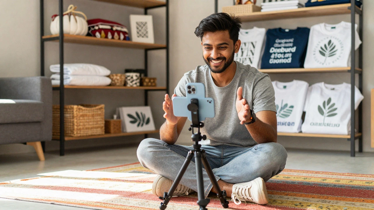 Young creator filming product video on phone in home setting