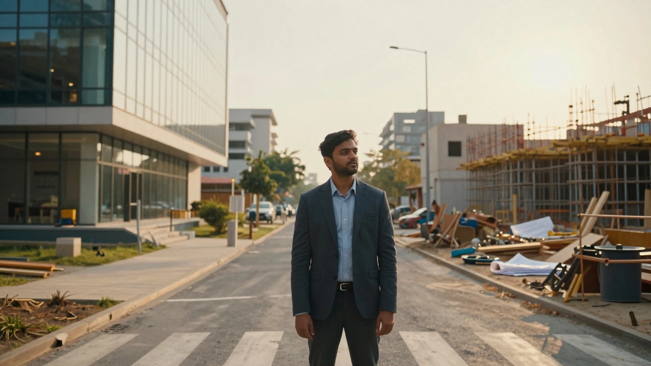 Young professional choosing between an office career path and a construction site trade path.