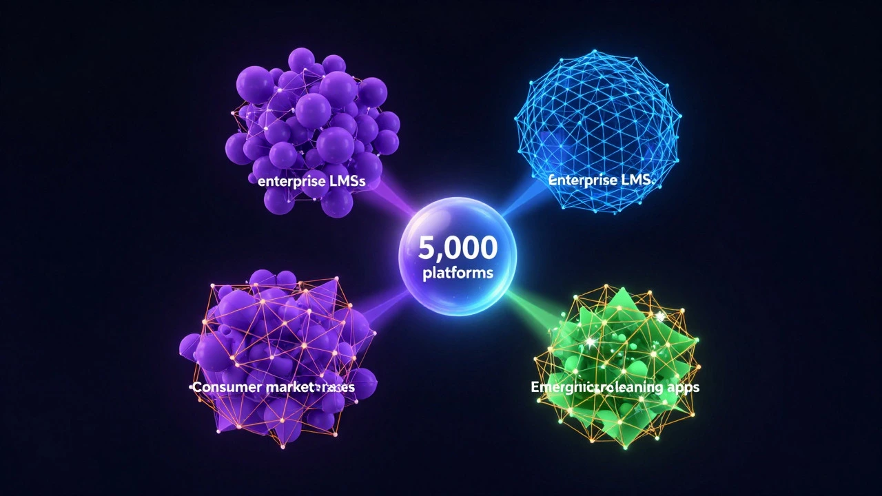 Abstract 3D visualization of e-learning market segments branching out from a central core