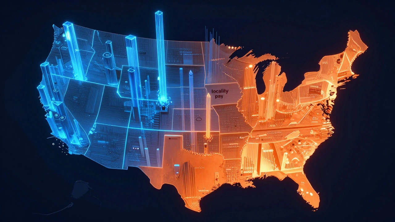Abstract map of US showing varying salary levels by location