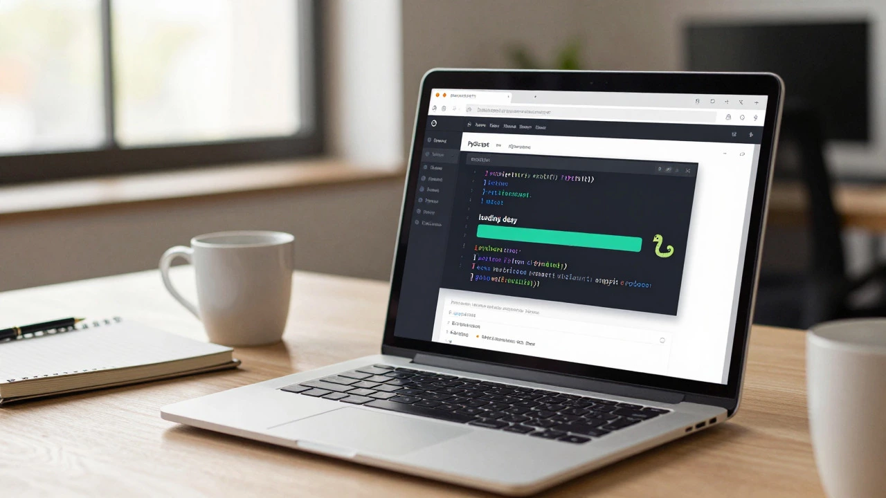 Developer workspace showing HTML file with PyScript tags and Python code on laptop screen.
