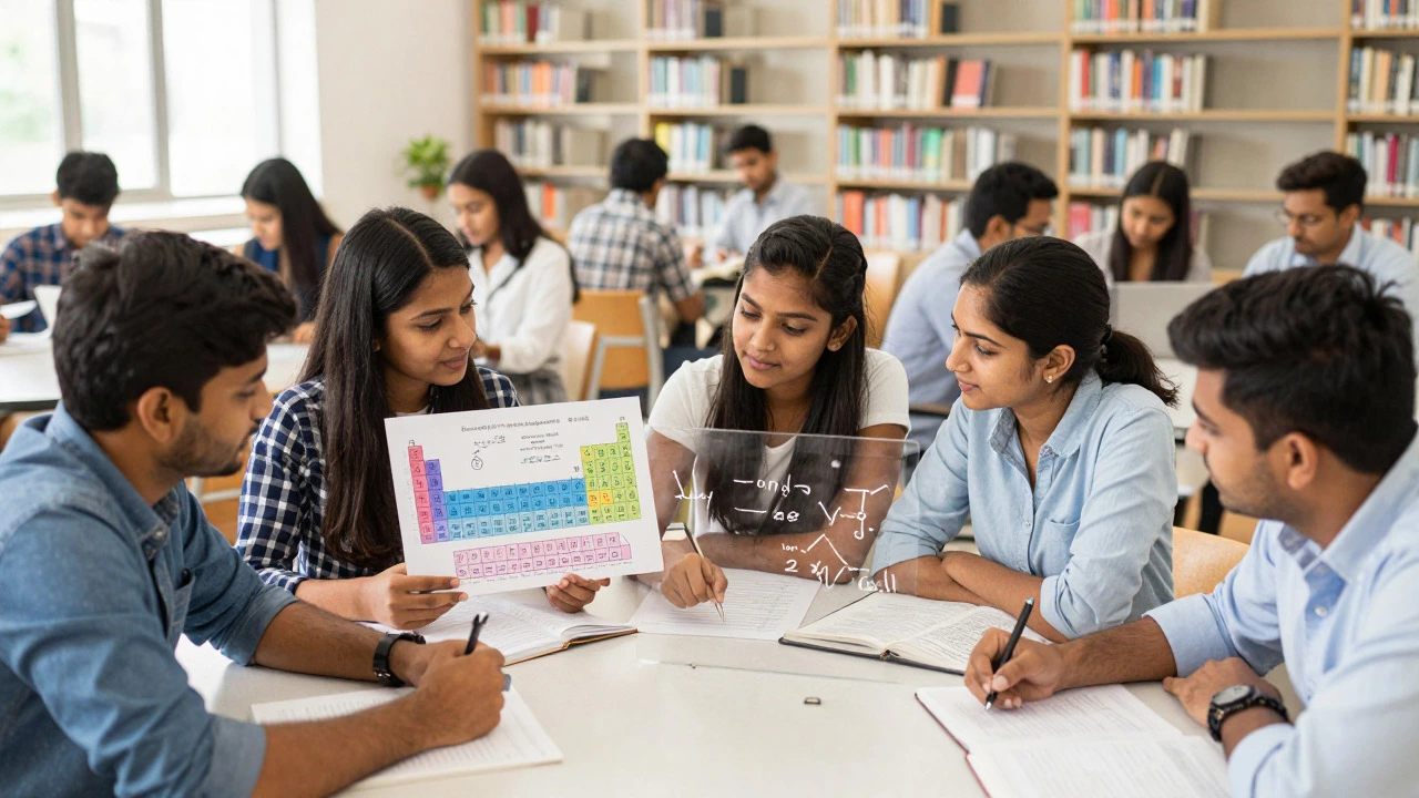 Group of students collaborating on exam strategy in a bright library