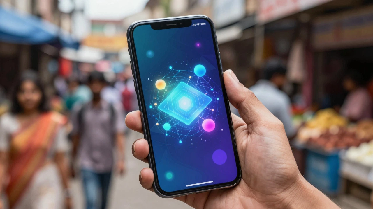 Hand holding a smartphone showing abstract AI learning graphics against a blurred Indian street background