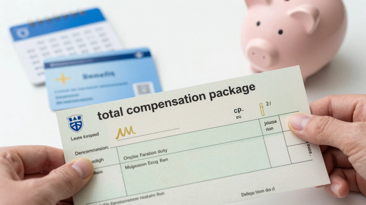 Hand holding paycheck next to insurance card and savings pig