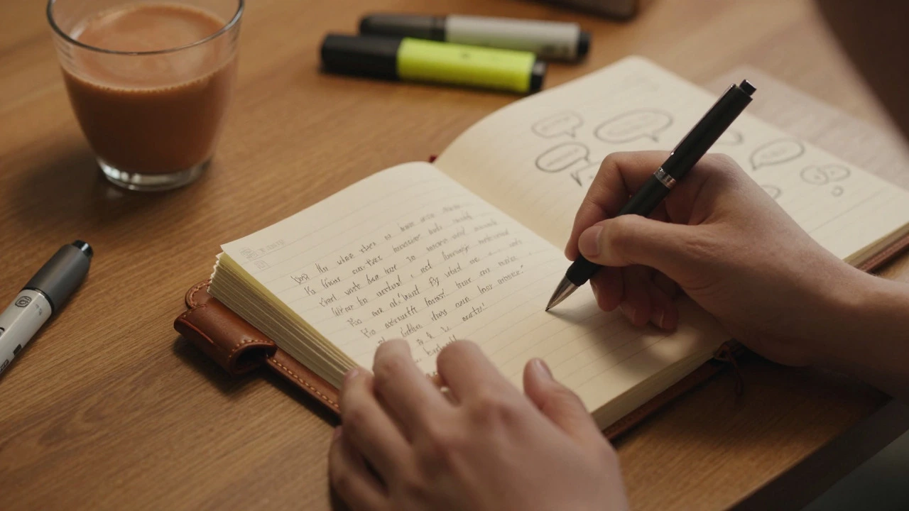 Hands writing in a journal on a wooden table