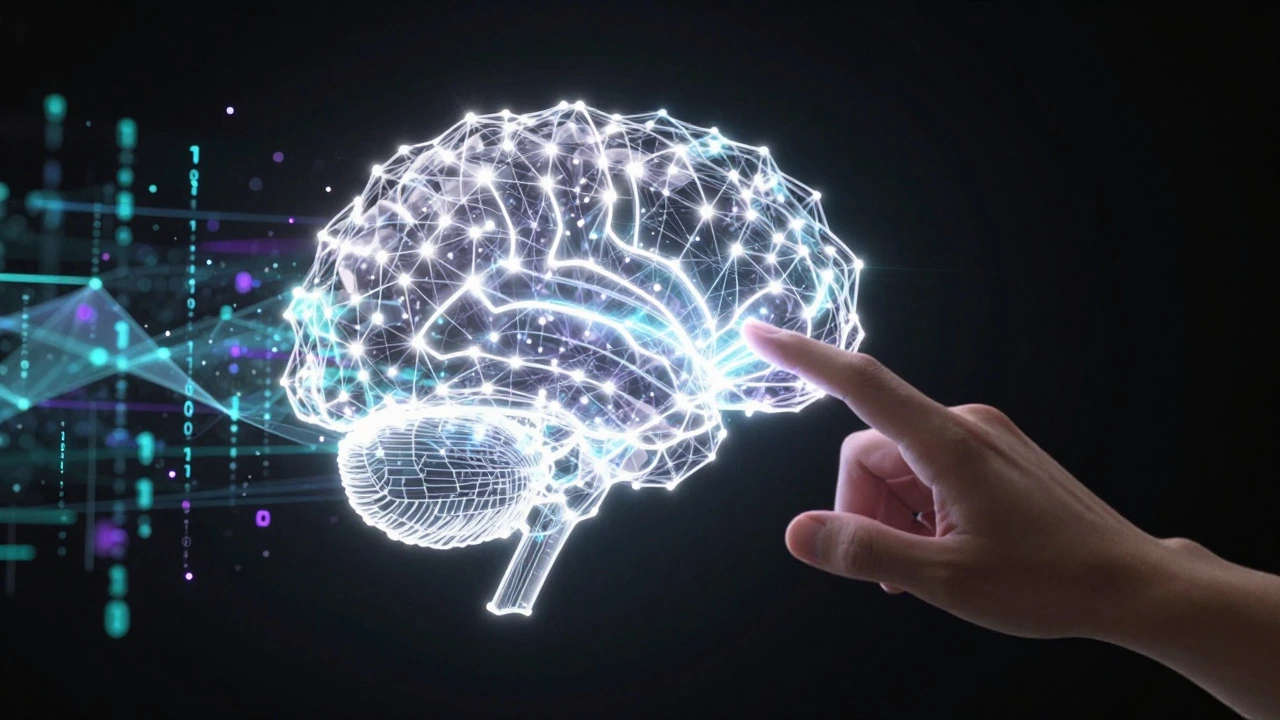 Human hand guiding abstract AI light network symbolizing synergy