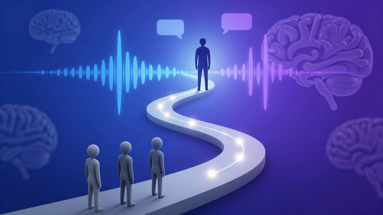 Illustration of a person climbing a path of speech bubbles