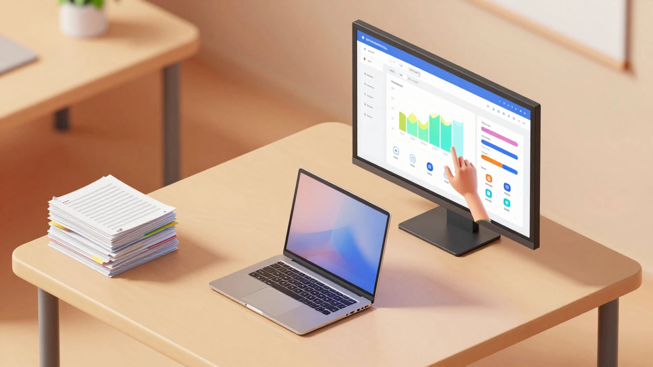 Teacher transitioning to a modern learning management system dashboard.