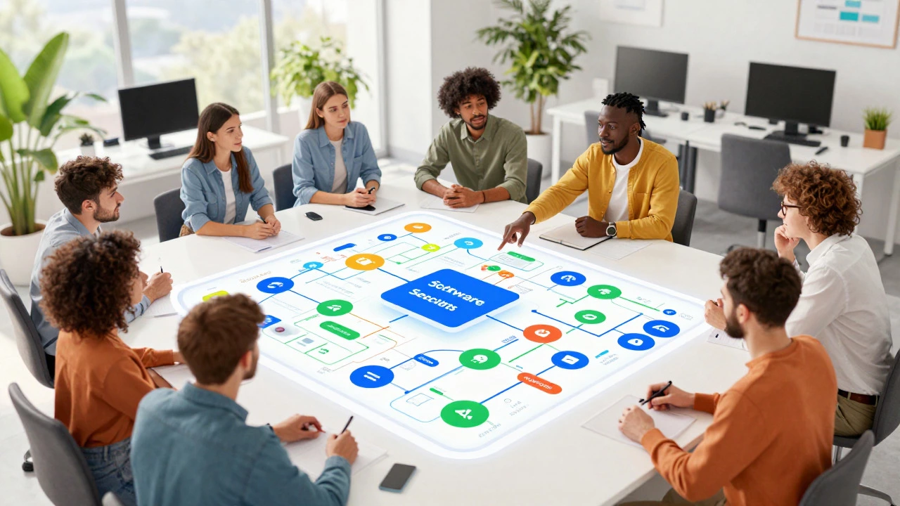 Team of architects discussing software strategy around an interactive table