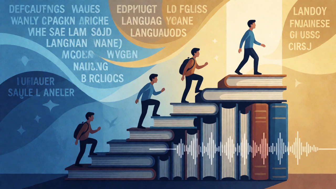 Conceptual art of a person climbing stairs toward language fluency