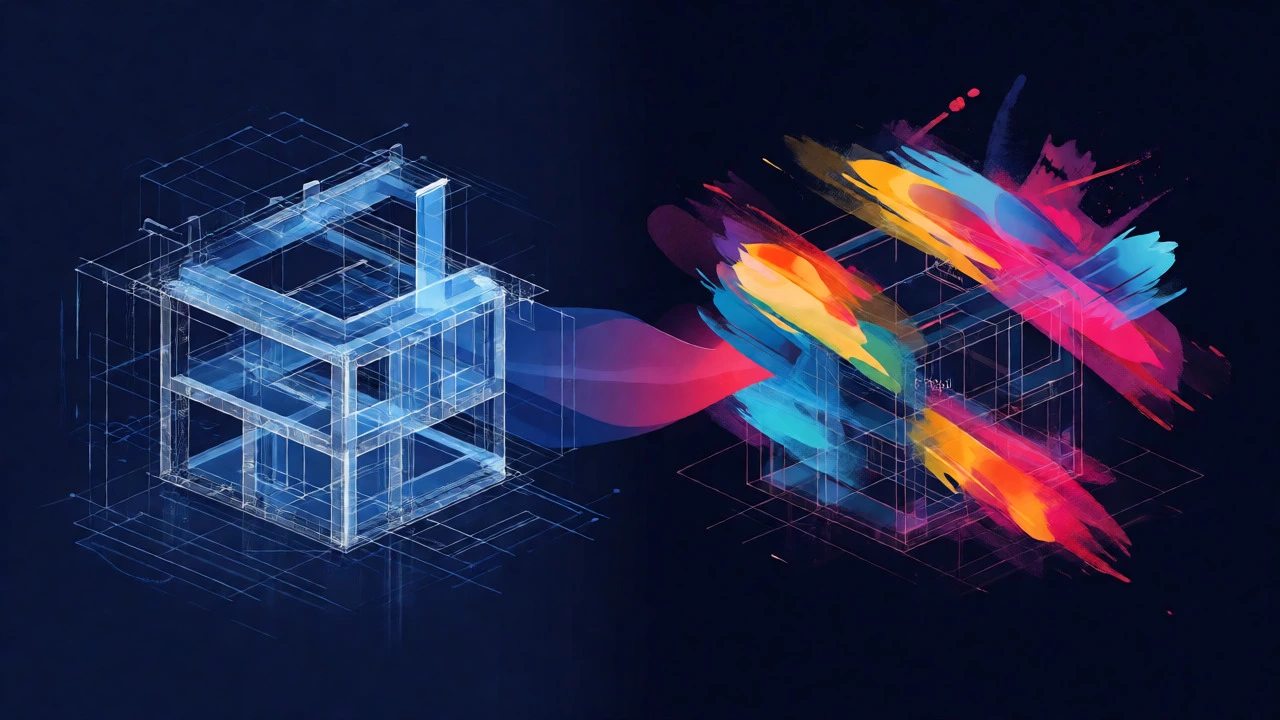 Conceptual split image showing UX blueprint vs UI aesthetics