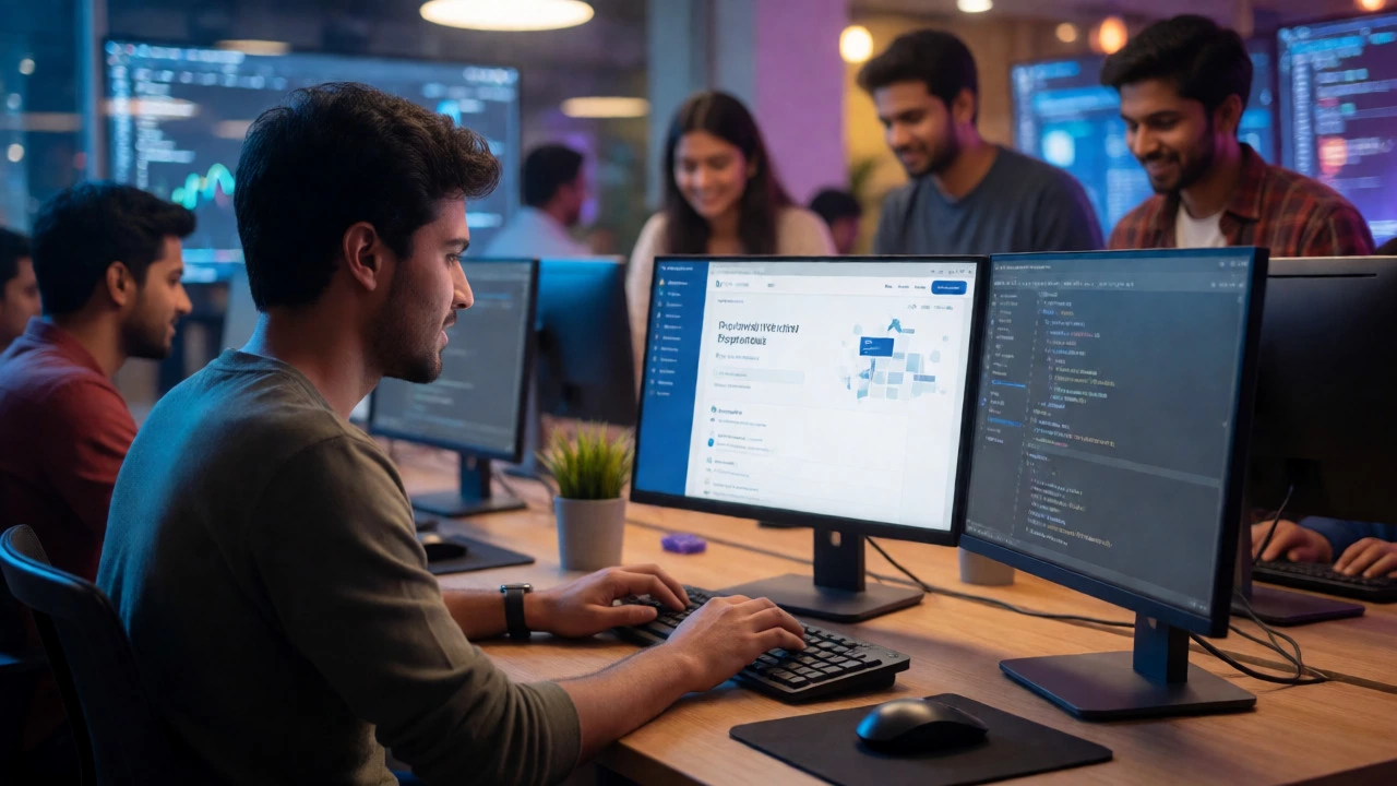 Confident developer coding in a vibrant Indian co-working space