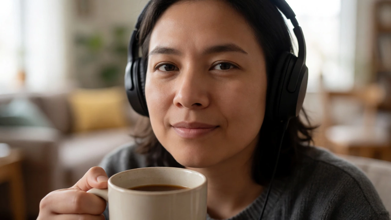 Confident learner wearing headphones and drinking coffee at home
