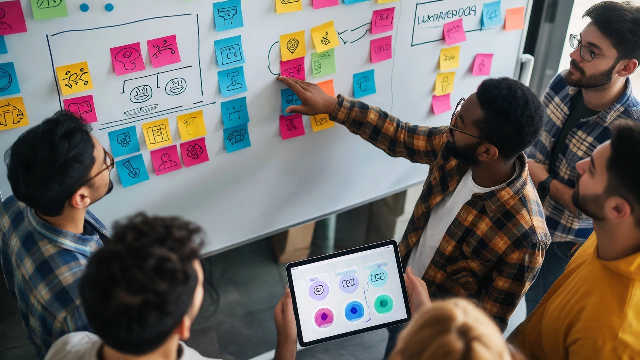 Team analyzing user personas on a whiteboard during a workshop