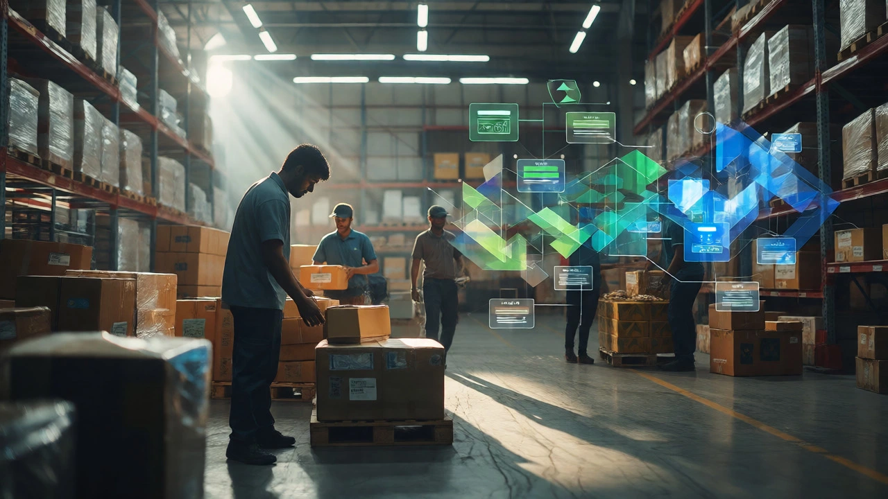 Warehouse scene overlaid with abstract graphics representing hidden business costs