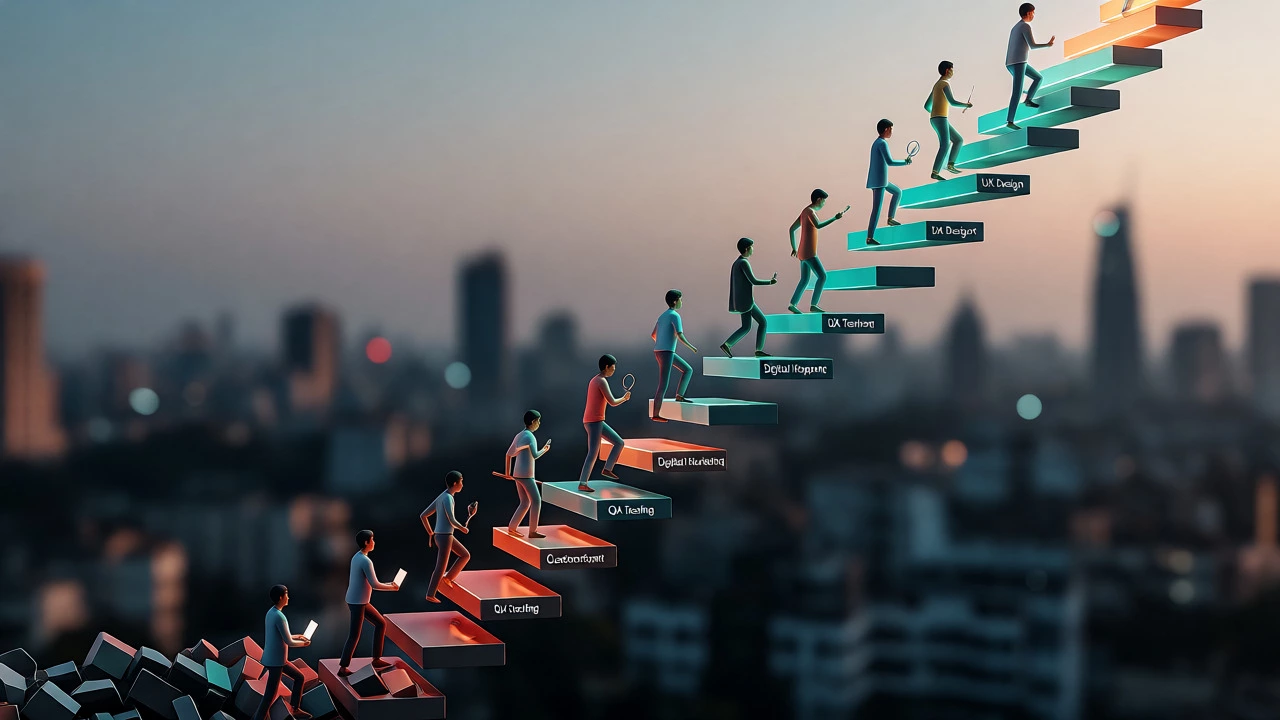 Abstract figures climbing a glowing ladder of career milestones against a city skyline.