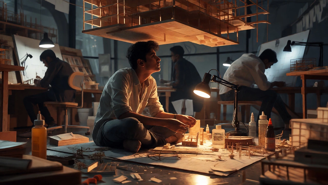 Architecture student building detailed balsa wood models in a late-night studio