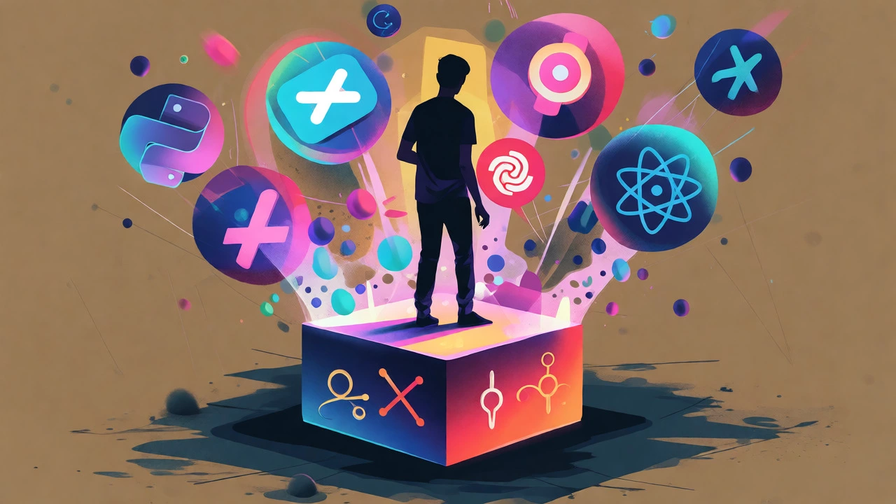 Conceptual art showing shiny tech tools distracting from coding basics