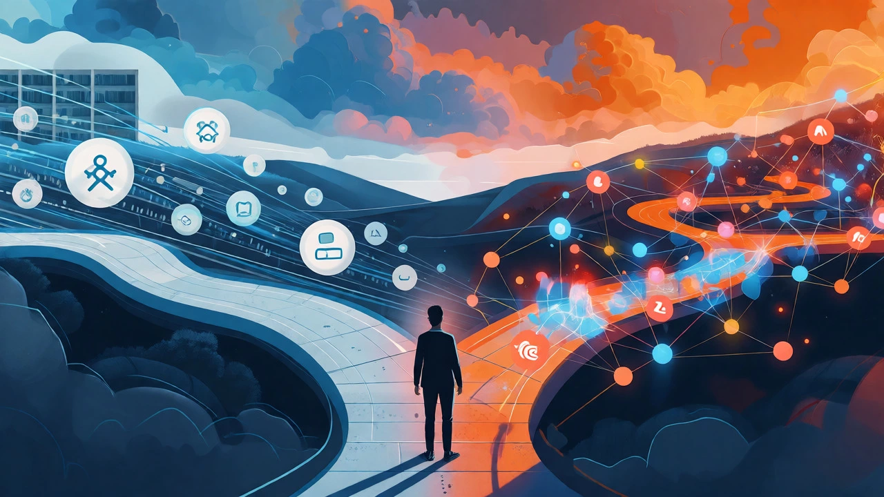 Conceptual image showing a fork in the road between flexible digital learning and interactive virtual sessions.